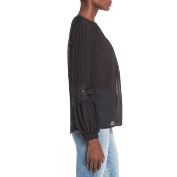 FREE PEOPLE For Love & Lemons Sacramento Blouse Black Sheer Lace Long Sleeve S - Picture 9 of 16